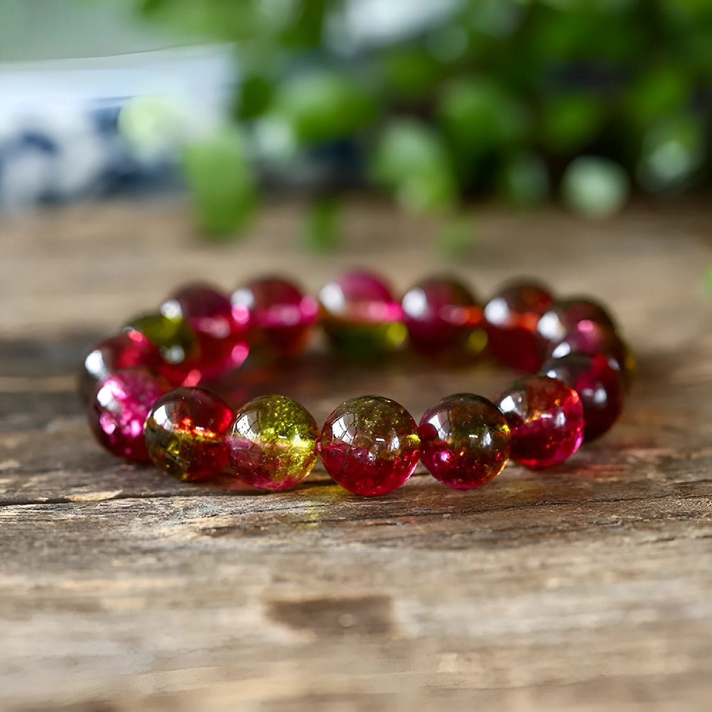 Watermelon crystal bracelet showing pastoral design details and available size options
