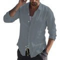Long sleeve plain lapel cotton blend cardigan shirt in army green, front view, solid colour