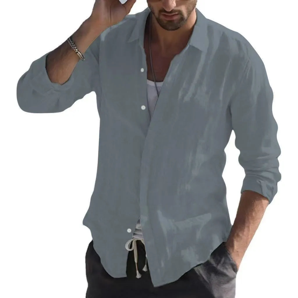 Long sleeve plain lapel cotton blend cardigan shirt in army green, front view, solid colour