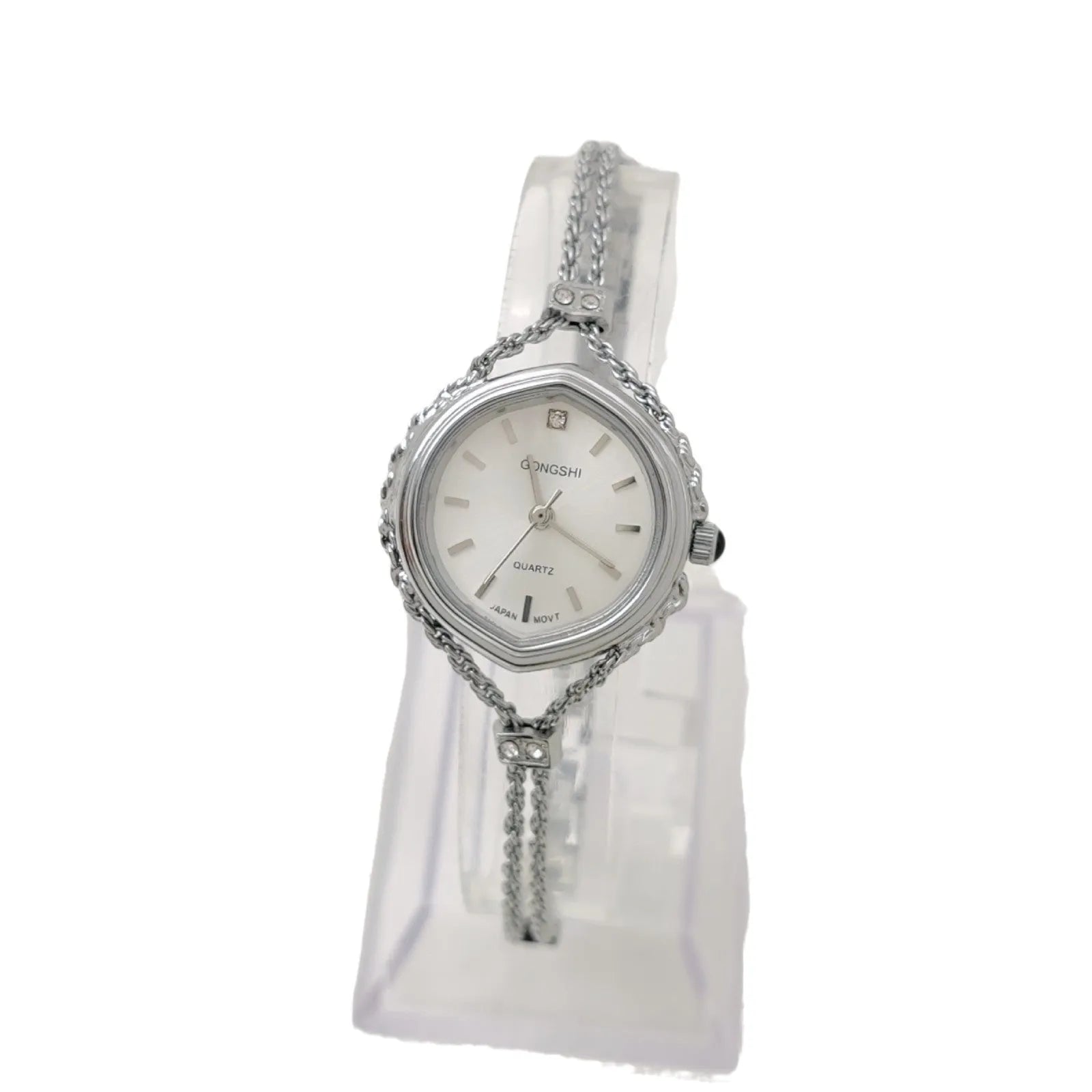 Women's Mori style quartz watch with 25mm dial, 7mm thickness, and chain strap in gold or silver
