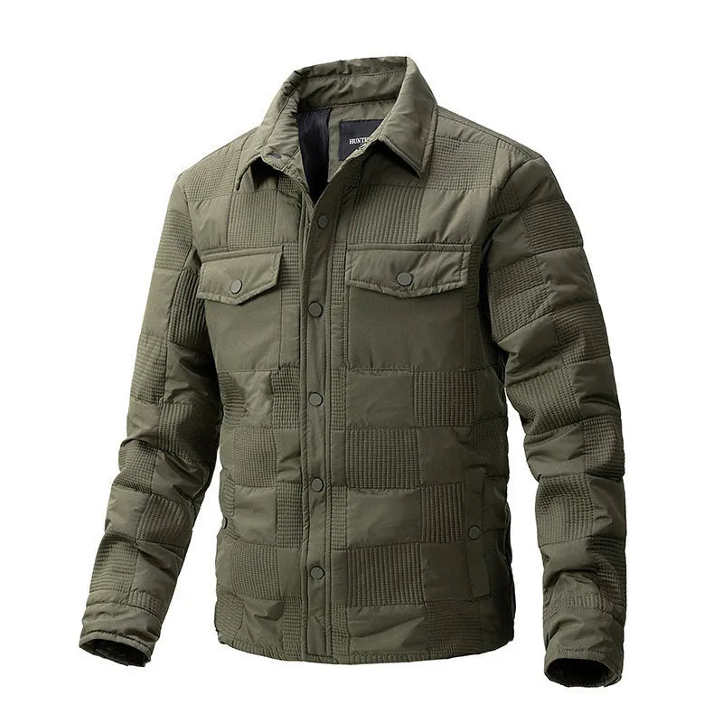 Man wearing a brown quilted polo collar jacket with a wool lining