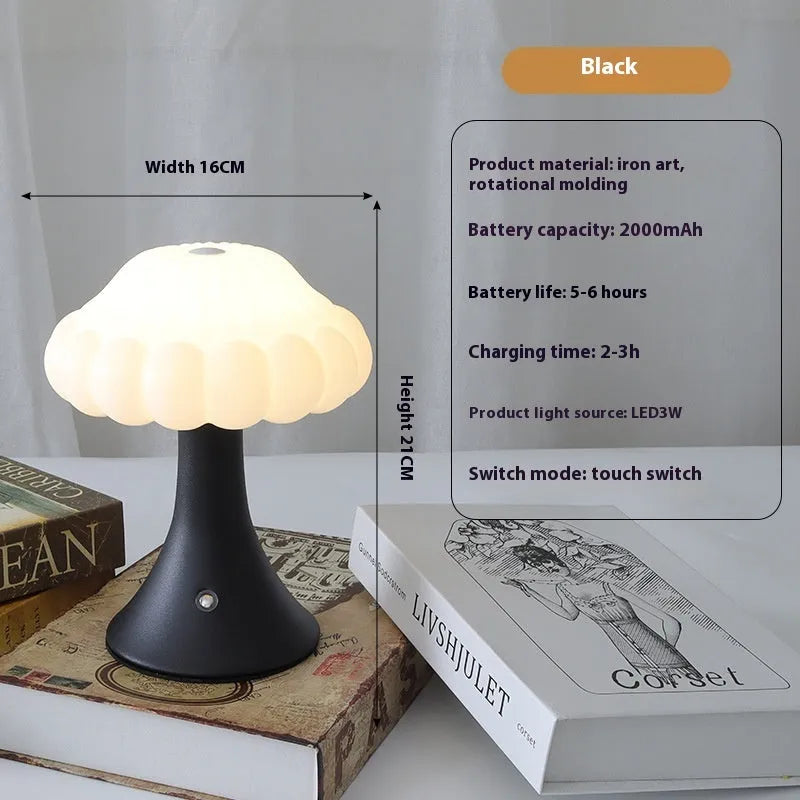 Wooden grain finish mushroom-shaped touch control night lamp on a table