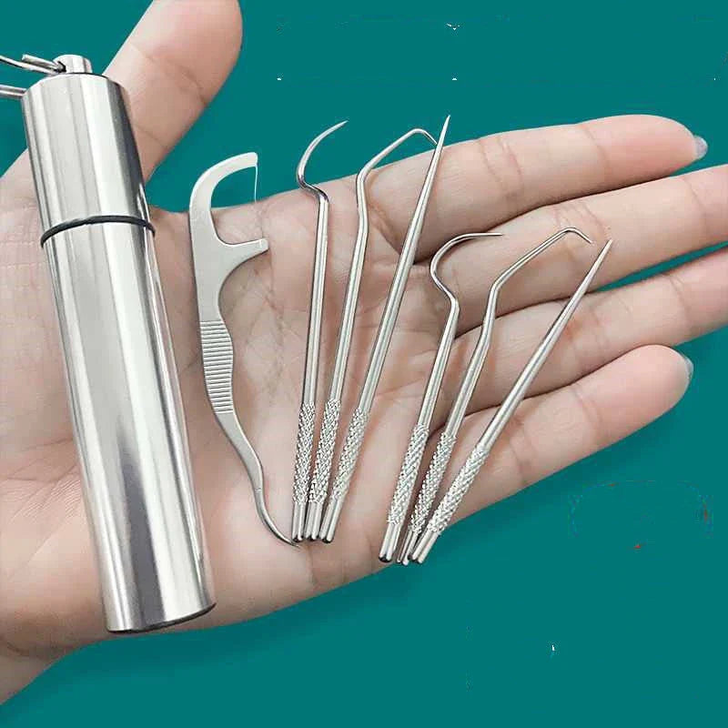 Premium stainless steel toothpick set with short and long picks for versatile dental cleaning