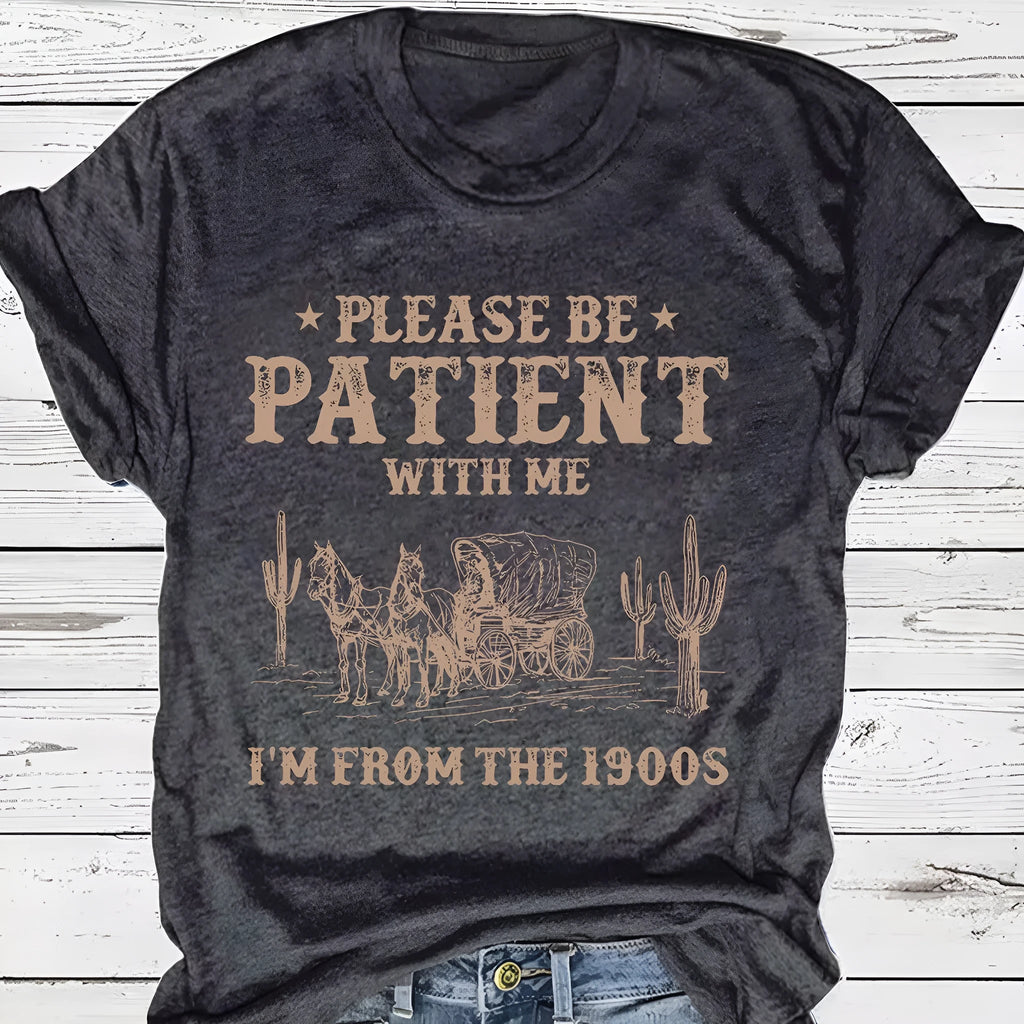 Western denim retro pattern printed round neck short sleeve polyester top for women A-line pullover available in multiple colours S-XXL