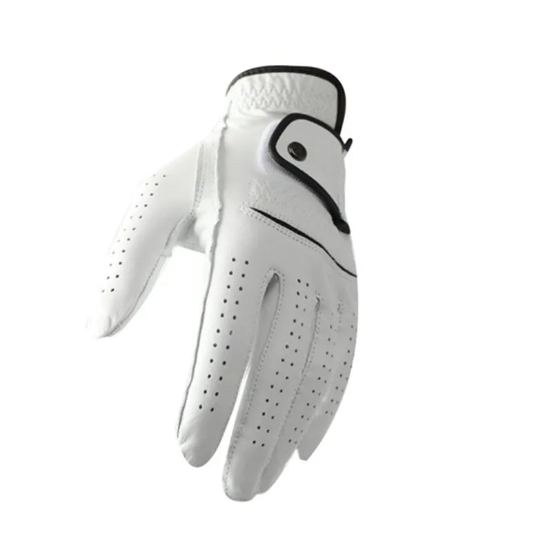A single white men's golf glove made from half sheepskin leather, shown flat.