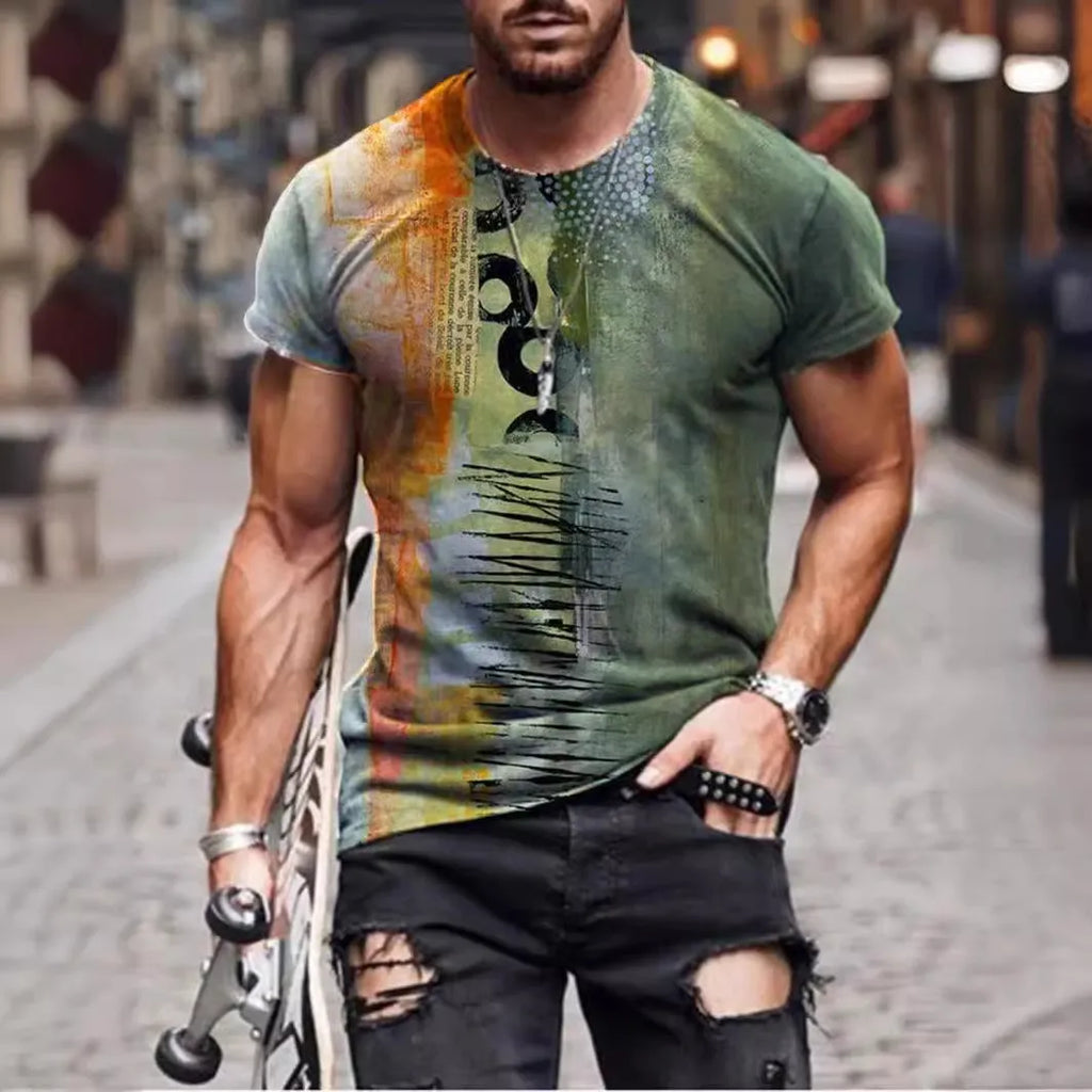 Man wearing a loose fit camouflage print short sleeve t-shirt in milk silk polyester.