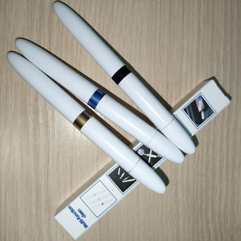 Blue cleaning pen for headphones and keyboards with metal nib and brush.