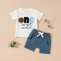 Baby boys' white and blue embroidered pullover short-sleeved cotton knit shirt and pants set