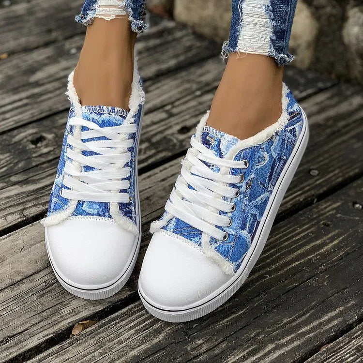 Plus size flat canvas shoes low top animal print Denim Blue side view
