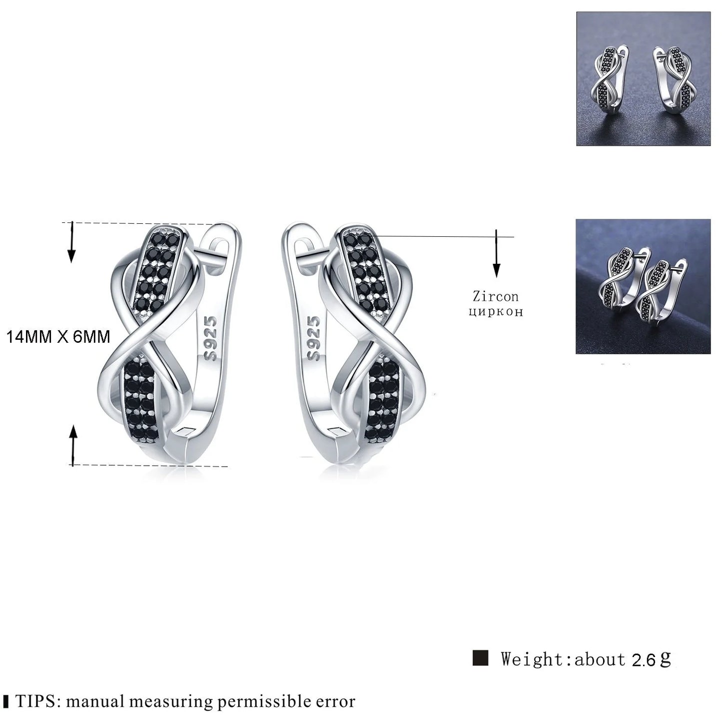 Copper earrings with micro inlaid zircon and black finish