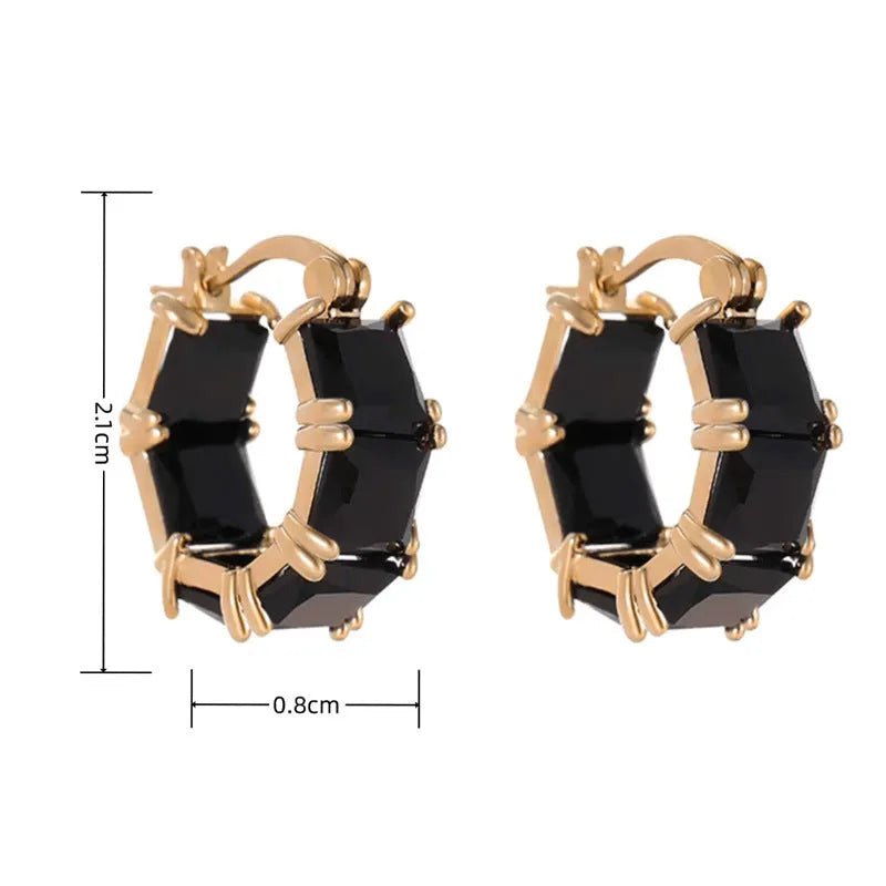 Geometric U-shaped gold electroplated earrings with round black zirconium stones