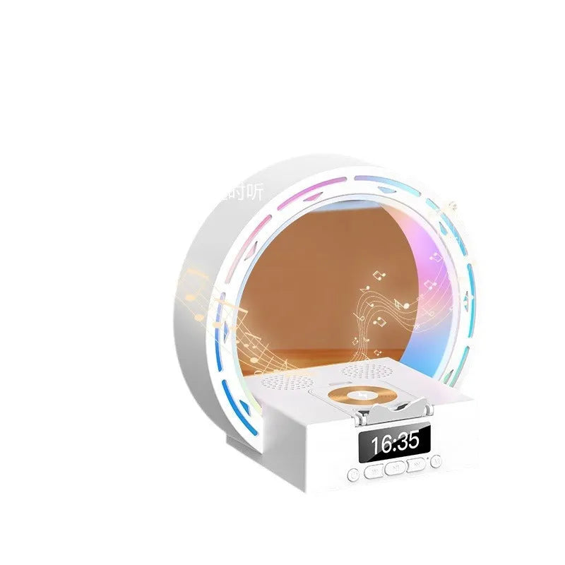 White multifunction bedside unit with wireless charging pad, Bluetooth speaker, digital clock display, and adjustable lighting