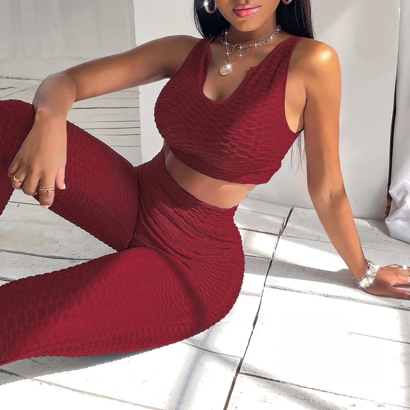 Women's pineapple lattice sports suit in polyester for active wear