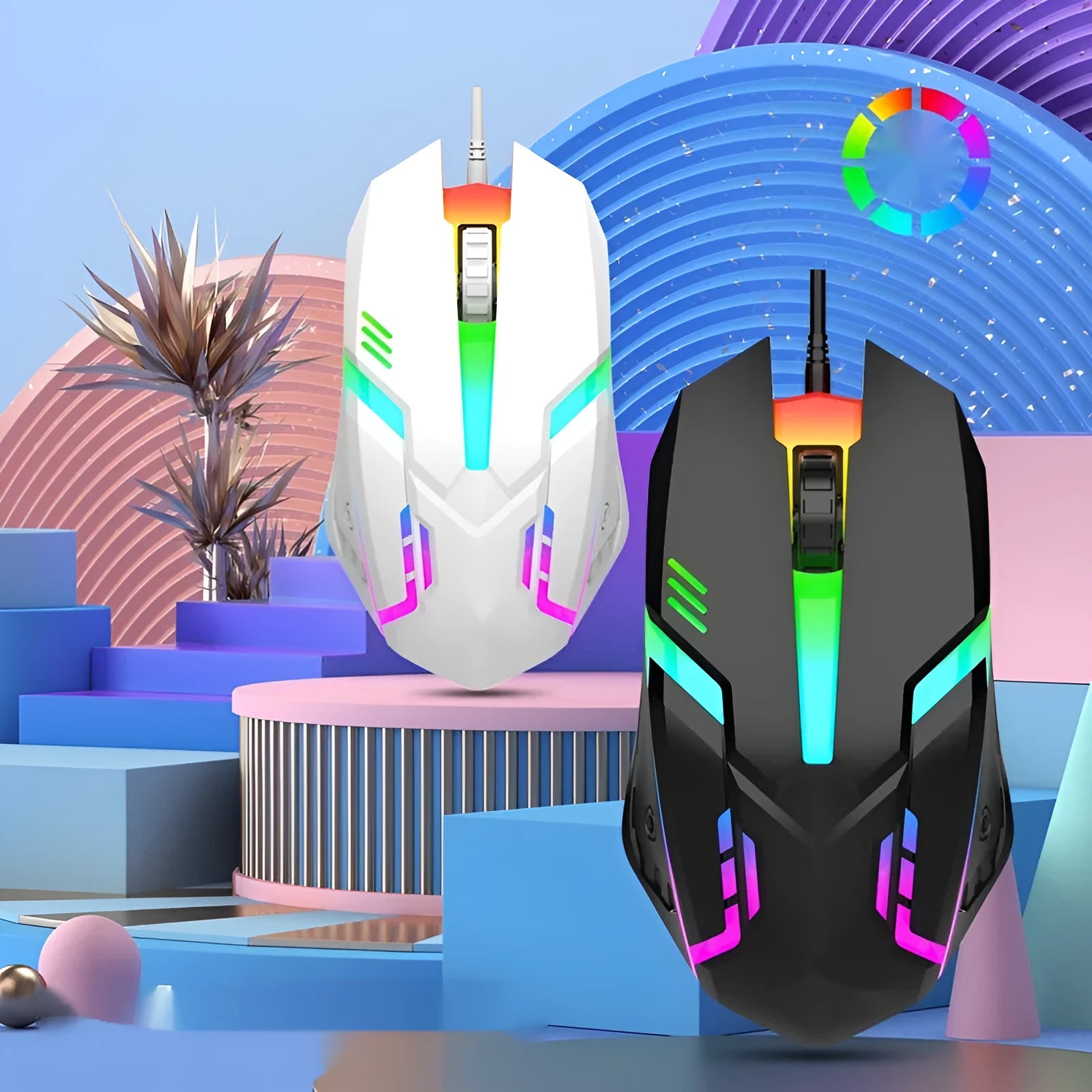 Black e-sports weighted wired USB gaming mouse on a desk