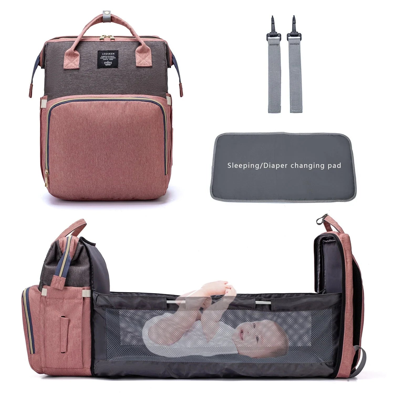 A stylish and practical mummy backpack with features like an insulated bottle compartment, USB charging port, and water-resistant construction.