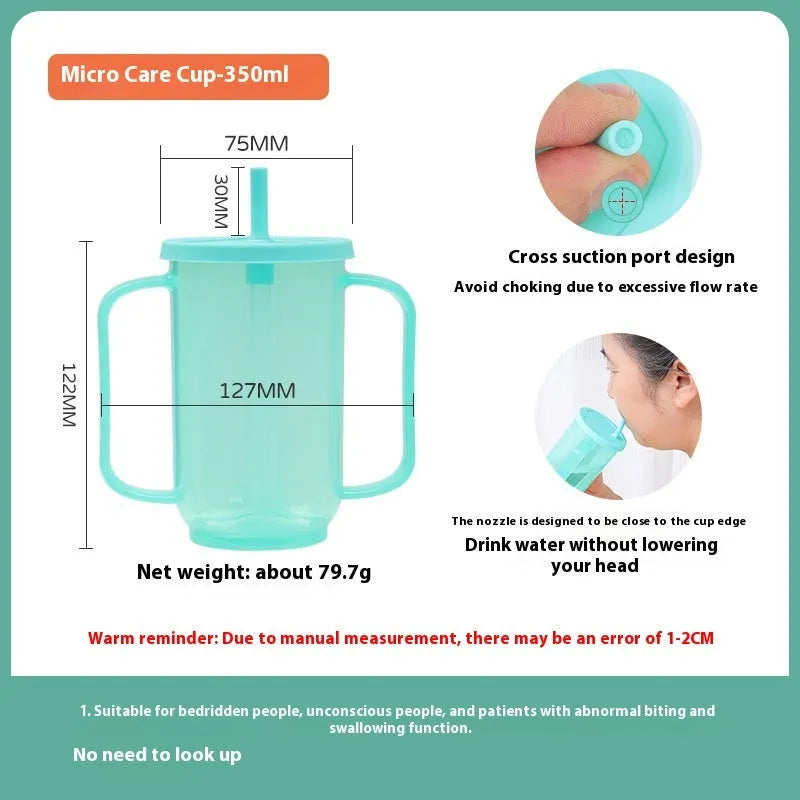 A white PP plastic choke proof drinking cup with a handle, lid, and oblique mouth spout for bedside use.