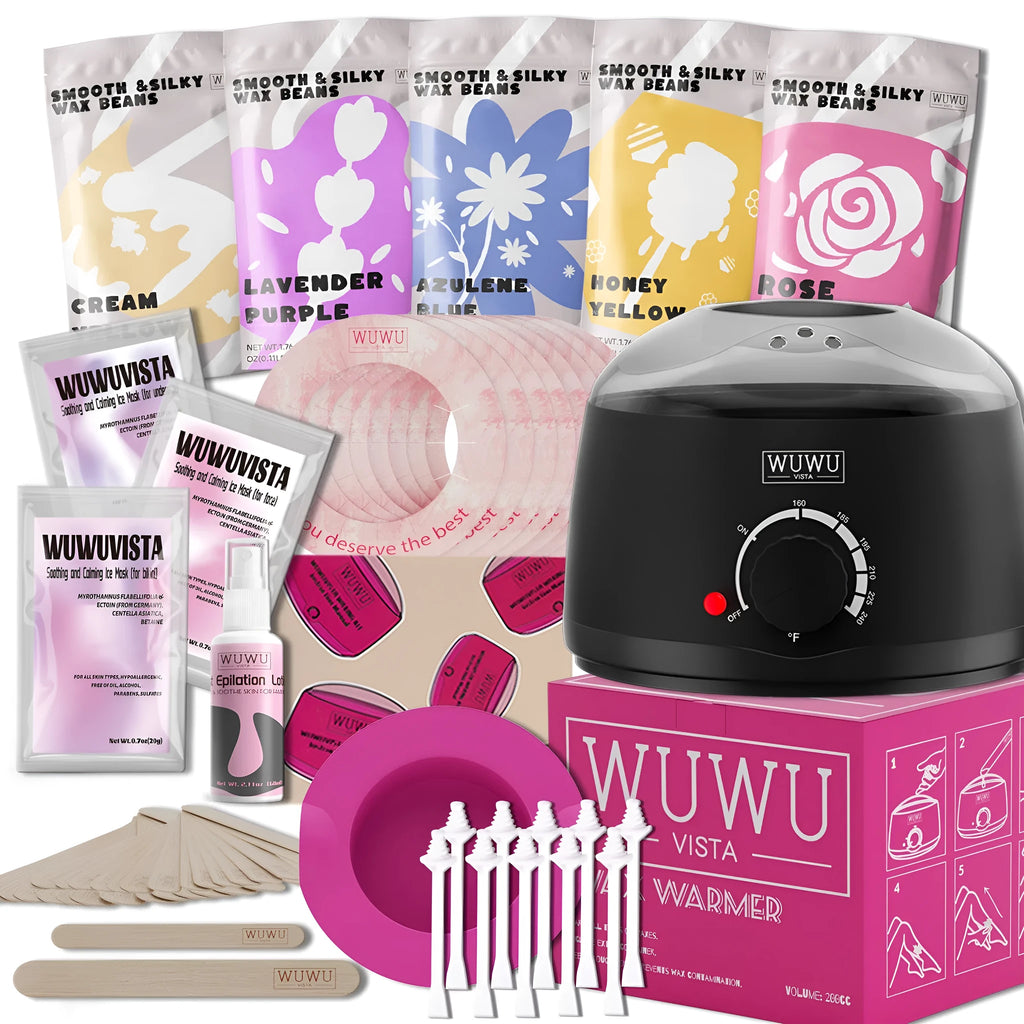 Professional 52-piece waxing kit with wax warmer, five types of hard wax beans, application tools, and post-care lotion.