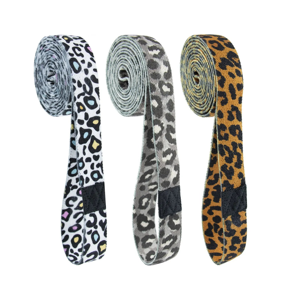 Fabric fitness elastic tension band 208x3 cm polyester latex silk pull rope in white leopard print small elasticity with mesh bag