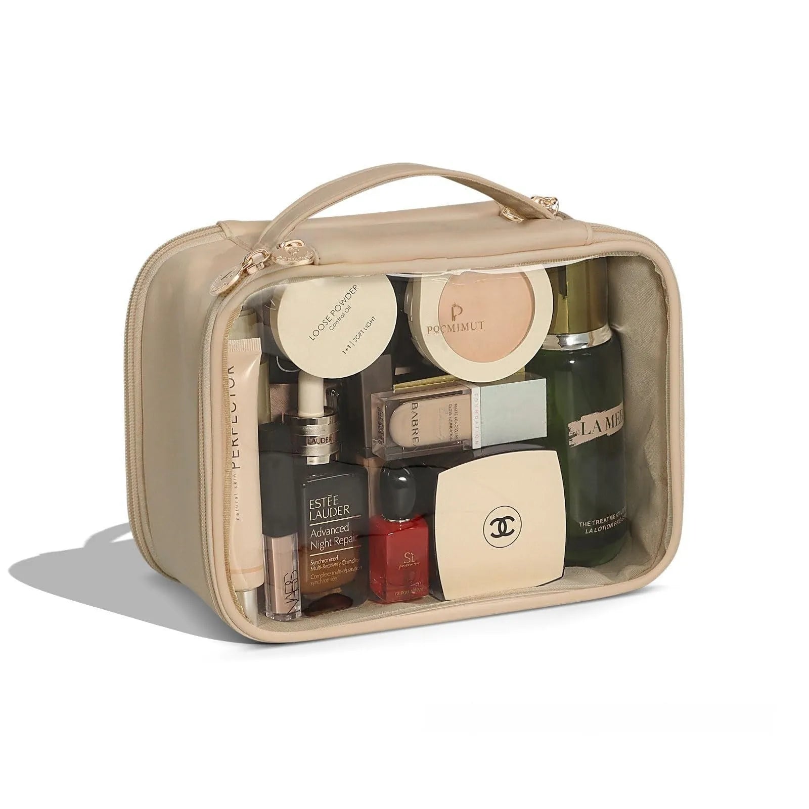 Clear PVC cosmetic bag with a zip open, showing a polyester lining and separate compartments.