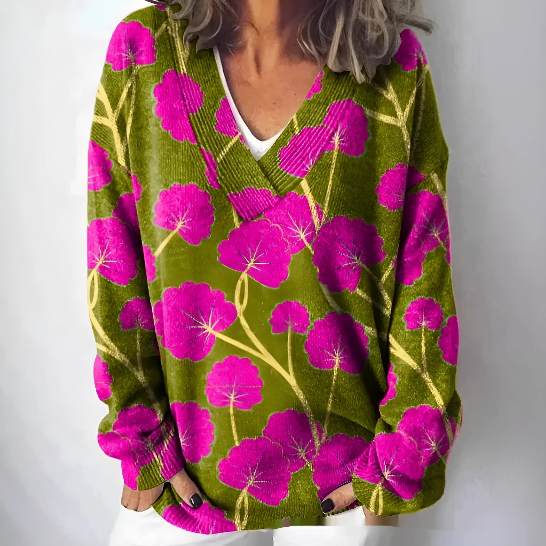 Women's V-neck long sleeve sweatshirt with a detailed 3D floral print in a retro art style.