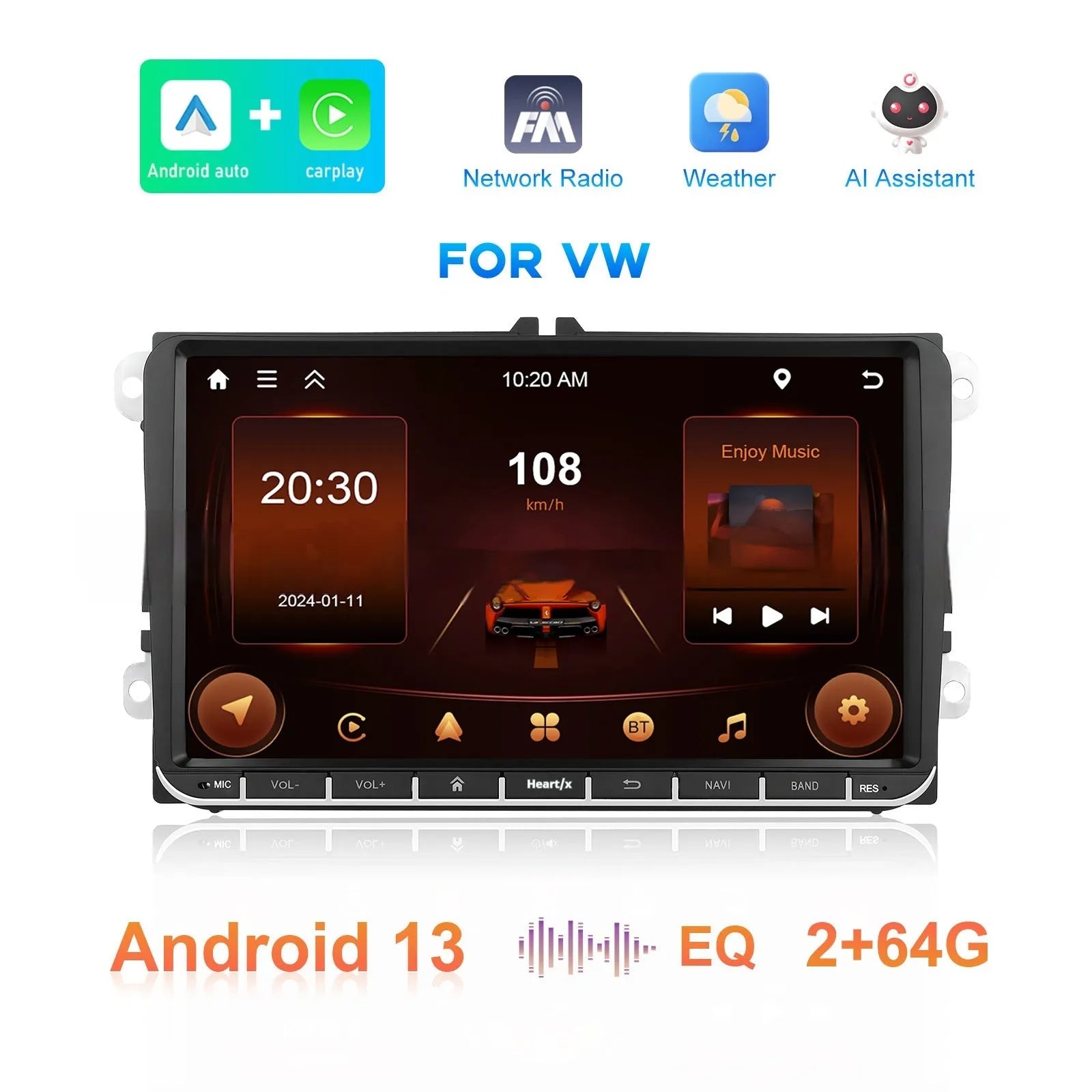 7-inch Android car stereo for Volkswagen with wireless CarPlay and touchscreen display