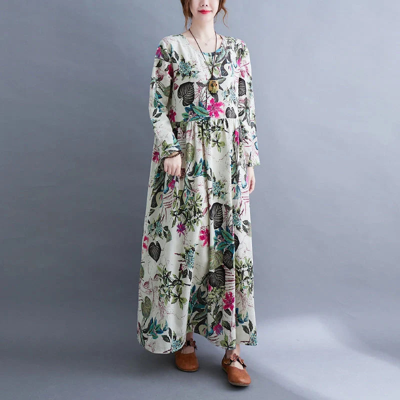 Literary inspired plus size long sleeve dress in cotton blend with unique print