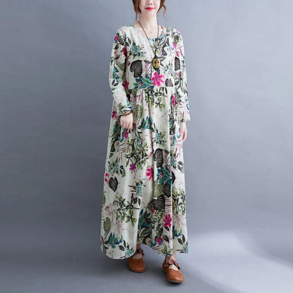 Literary inspired plus size long sleeve dress in cotton blend with unique print