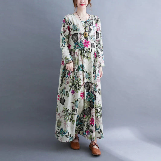 Literary inspired plus size long sleeve dress in cotton blend with unique print