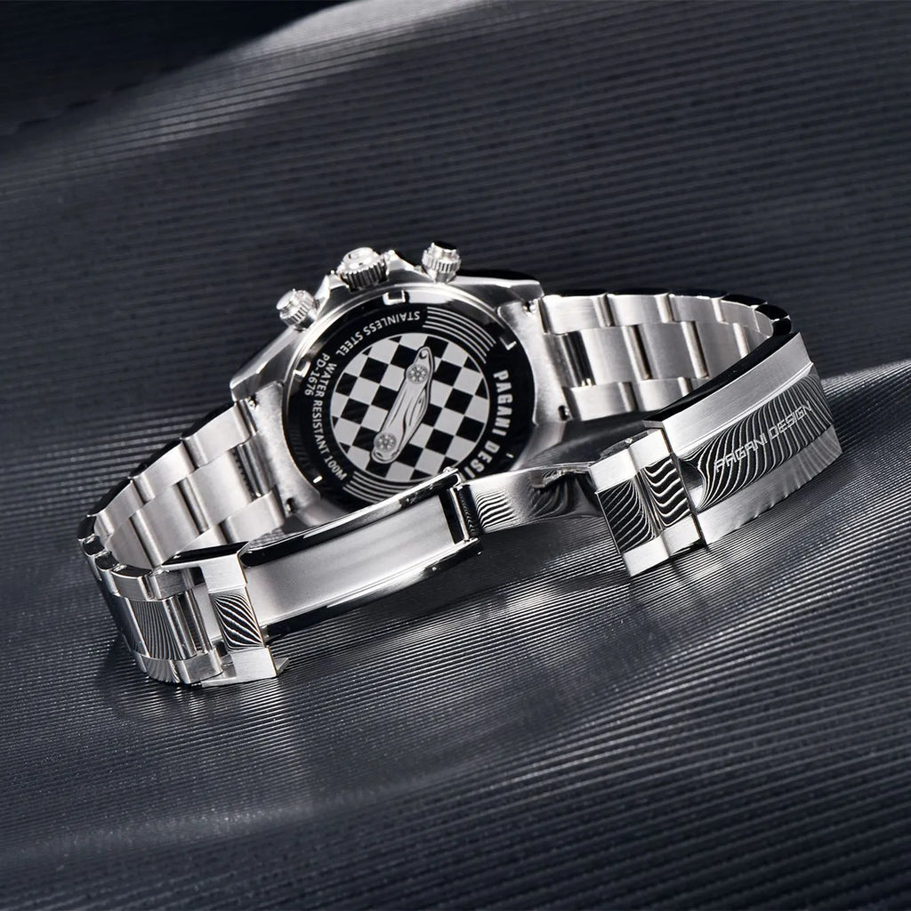 Berjani men's chronograph watch with stainless steel case and bracelet, black dial, chronograph subdials