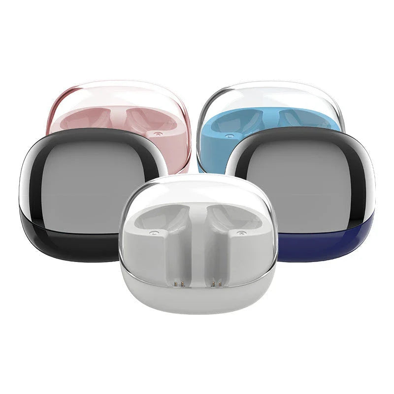 Wireless Bluetooth headset with transparent mini charging case, designed for superior sound quality, all-day comfort, and seamless connectivity.