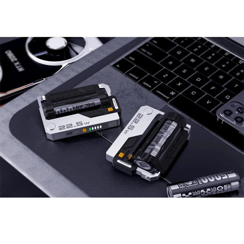 Tactical Mech USB-C power bank in Mecha Gray with cartridge replacement batteries showing front and side view