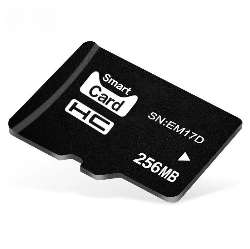 Close-up of a 256MB TF memory card with integrated mini speaker, showing its compact 11x15x1mm dimensions.