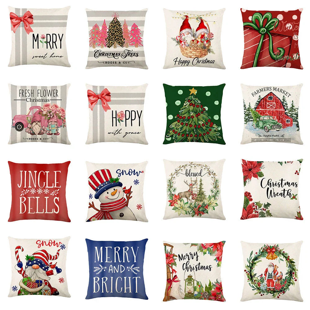 Cozy Christmas pillow covers with whimsical snowflake designs in various colors to decorate your home for the holidays.