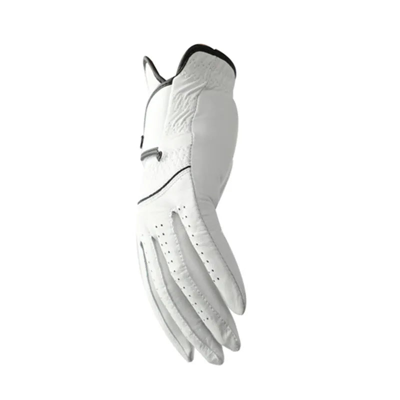 A single white men's golf glove made from half sheepskin leather, shown flat.