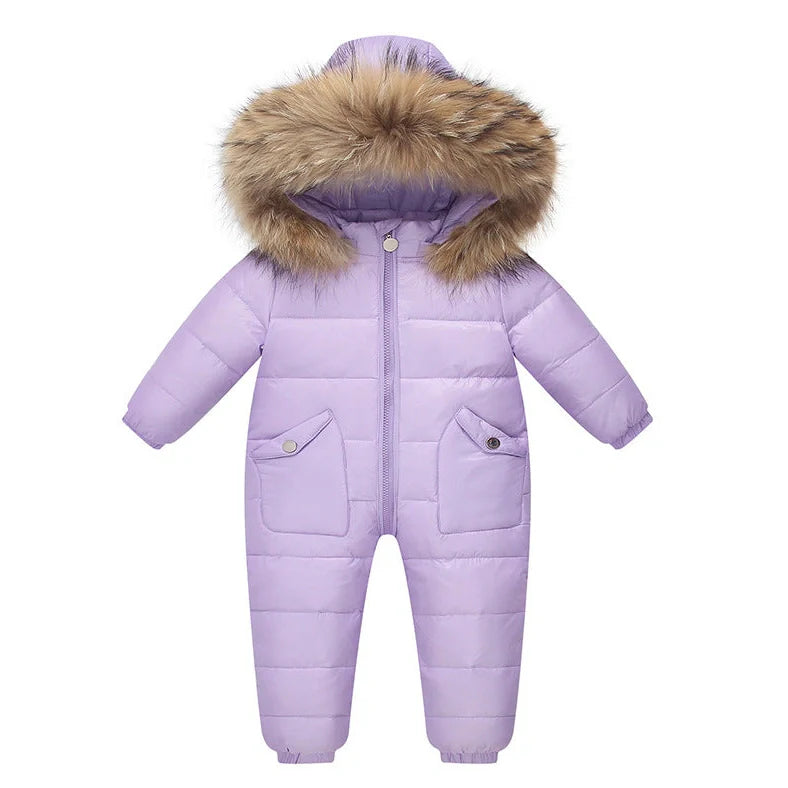 Baby wearing white duck down jacket with hood in yellow colour, suitable for 90-120cm heights