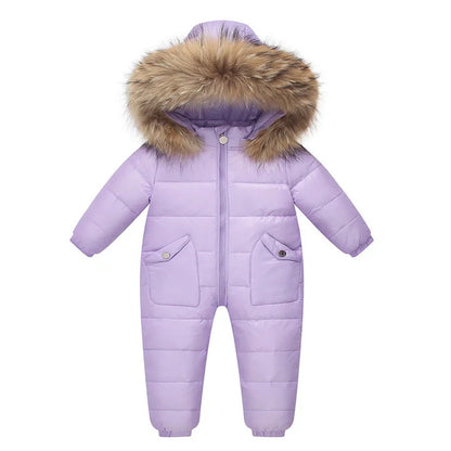 Baby wearing white duck down jacket with hood in yellow colour, suitable for 90-120cm heights