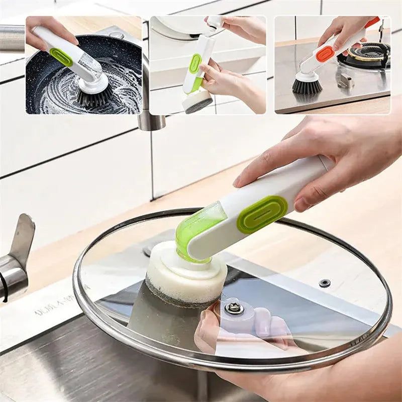 White and red long-handle kitchen cleaning brush with integrated soap dispenser button and two brush heads.
