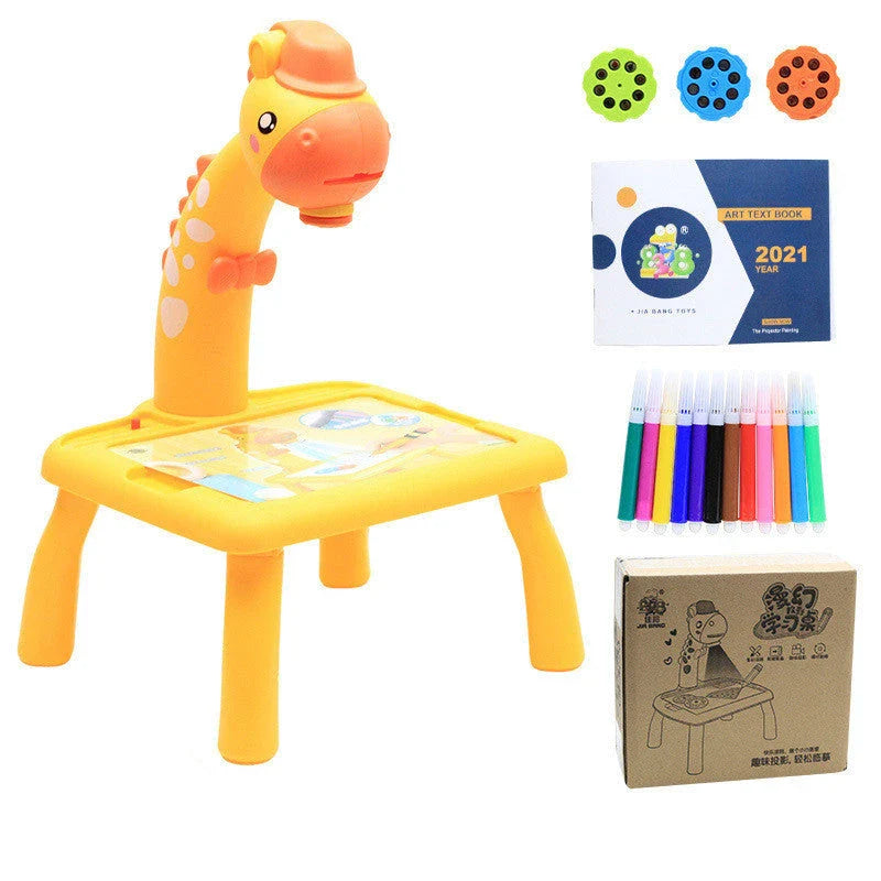 Children's art desk with LED projector, watercolor pens, and music function for creative expression and learning