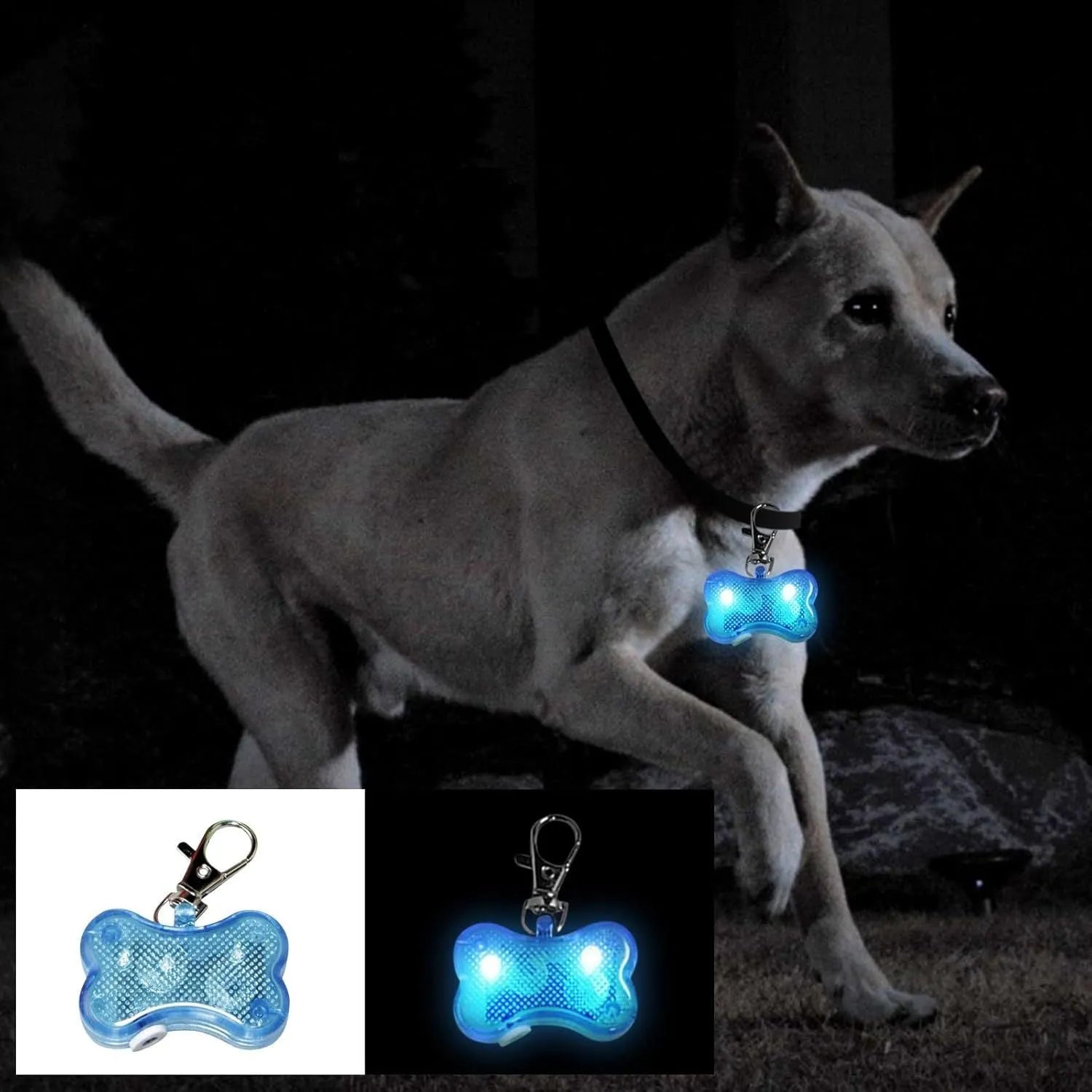 Bone-shaped LED luminous pendant for a pet collar showing blue light, next to two LR44 batteries.