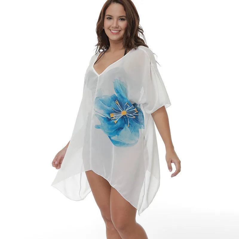 White plus size beach cover-up blouse for women made from polyester blend fabric