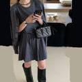 Women's grey art retro knitted vest skirt and long-sleeved cardigan two-piece set with belt.