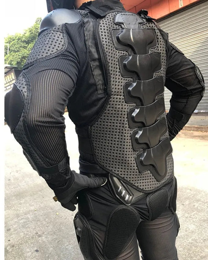 Black plastic armour jacket for motorcycle fall protection, available in multiple sizes M to 4XL