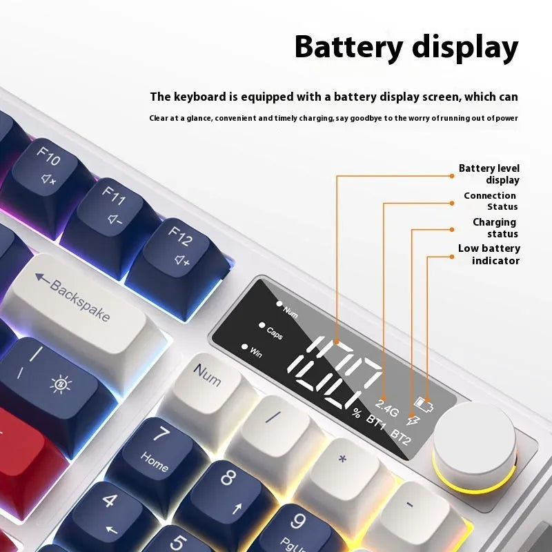 Wireless Bluetooth keyboard and mouse set with mechanical feeling keys shown in blue white colour combination