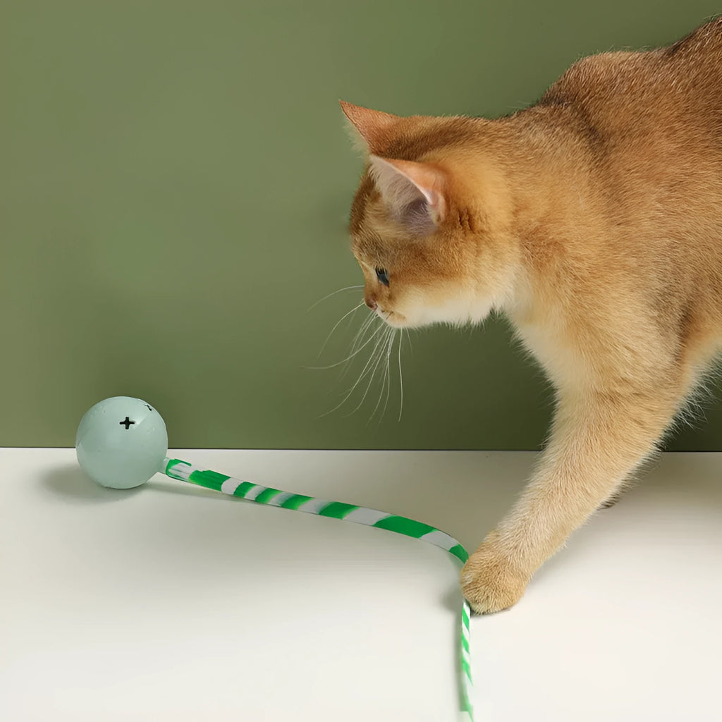 Green electric wagging tail cat ball toy on floor with motion sensor for interactive play