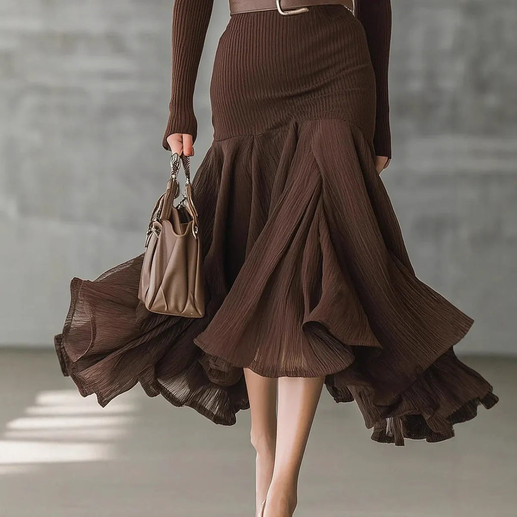 Stitching V-neck long-sleeve dress in dark brown with asymmetric long skirt and high waist