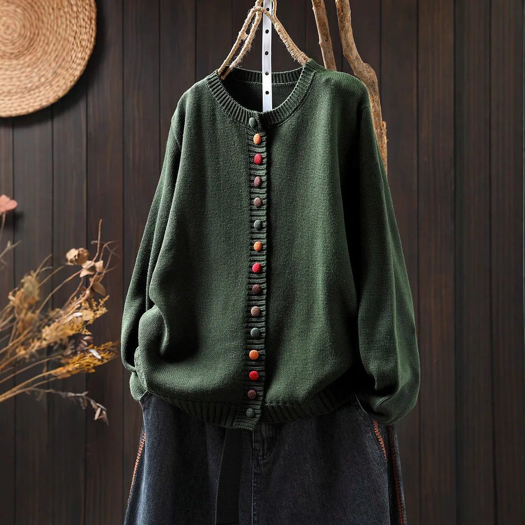 Women's colourful button cardigan, loose-fit cotton spandex knit, long sleeves, art retro style, available in black and khaki