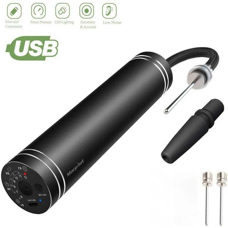 Black electric inflatable pump with USB charging and warning light, ABS body, includes needle nozzle
