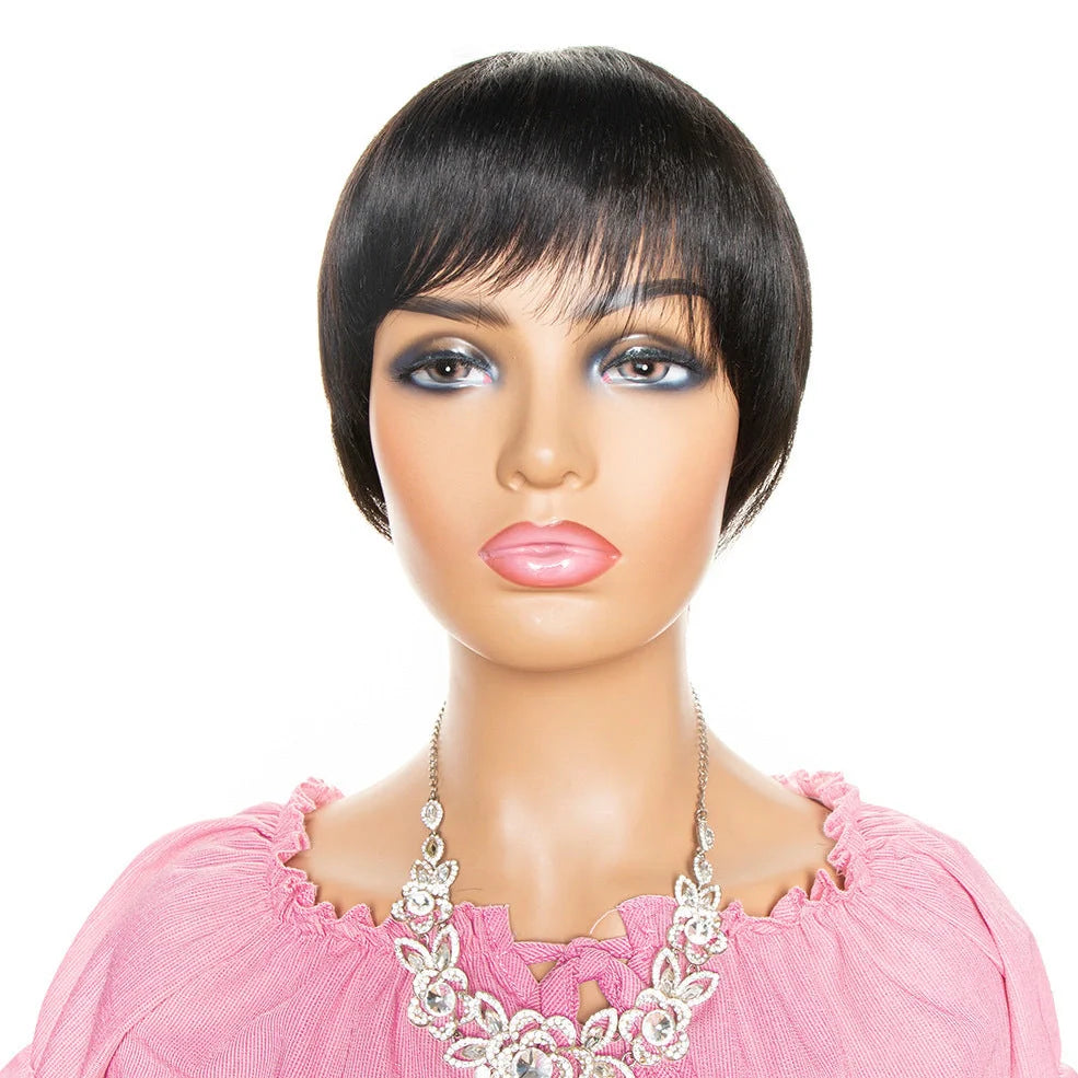 Short black pixie cut human hair wig with bangs on adjustable cap