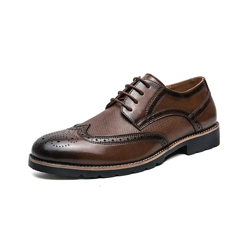 Men's black leather business formal low top round toe pumps with PU sole and sewing line detail