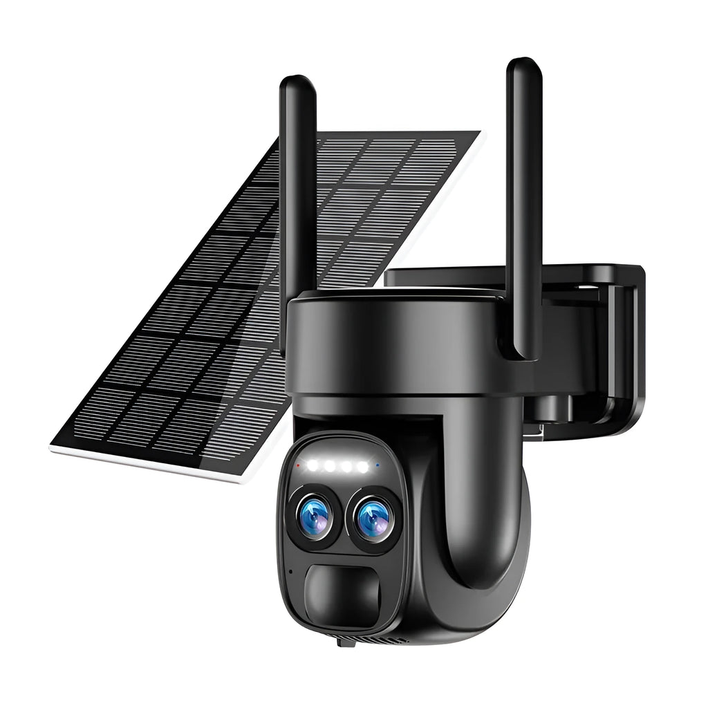 Solar-powered security camera with 8x zoom lens mounted on exterior wall